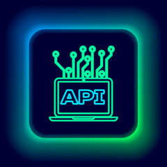 Glowing neon line Computer api interface icon isolated on black background. Application programming interface API technology. Software integration. Colorful outline concept. Vector.
