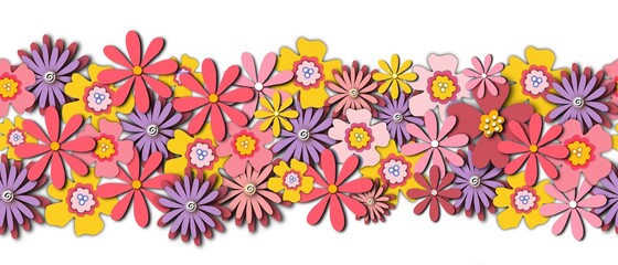 Poster - Paper flowers seamless border. Repeating pattern with paper cut florals pink yellow purple. 3D style. Papercutting collage Border for summer, spring, Easter, Birthday, cards. High quality photo.