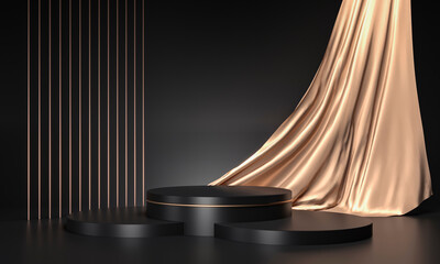 Round podium on dark background. Elegant silk fabric flow, curtain falls to surface. 3d render illustration. Empty pedestal, stand for mockup products. Copy space on delicate gold luxurious satin