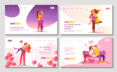 Set of web pages for Happy Valentine's Day with young couples in love. Relationship, Love, Valentine's day, Romantic concept. Vector illustration for banner, poster, card, website.