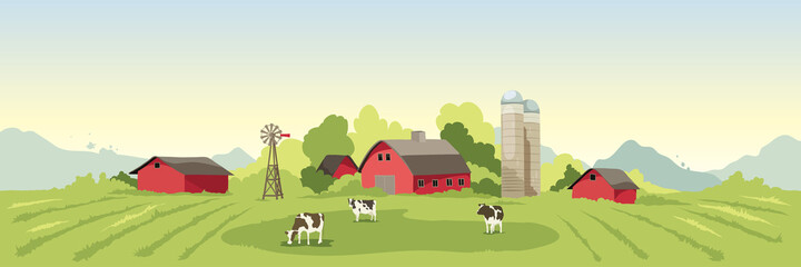 Wall Mural - Abstract rural landscape with farm house. Vector illustration, fields and meadows and cow.