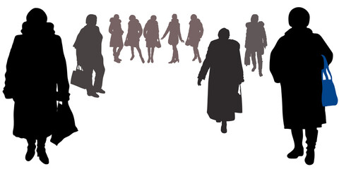 Vector female silhouettes in full growth in winter clothes with bags, fur coats, hats, boots. Women, girls different physique, poses and figures, isolated white background, go forward, stand sideways