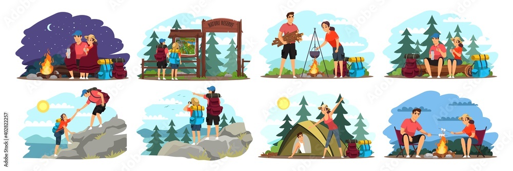 Couple camping illustration set. Man and woman traveling in mountains ...