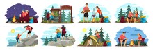 Couple Camping Illustration Set. Man And Woman Traveling In Mountains And Forest With Backpacks. Tourist Outdoor Scenes Vector. Climbing, Cooking On Fire, Sitting, Sleeping In Tent