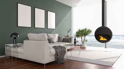 Wall Mural - Modern loft style apartment with a stylish fireplace looking out to a beach through large floor-to-ceiling windows. Three picture frame mockups on the wall. 3d render