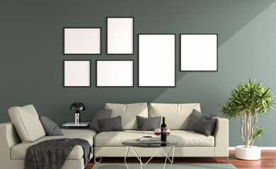 Wall Mural - Modern loft style apartment with large floor-to-ceiling windows. Six picture frame mockups on the wall. 3d render