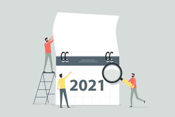 Poster - Flat vector illustration design 2021 Business planning concept and Business people team working with digital online calendar. 
