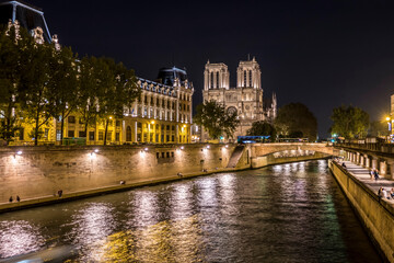 Poster - The Cathedral of Notre Dame and the River Seine illuminated at night