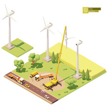 Vector Low Poly Wind Turbines Farm Construction. Onshore Wind Farm Construction. Workers Installing Rotor Blades With Crane. Isometric City Map Elements