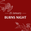 Burns night supper card. Thistle on red background. Burns Night - national holiday in Scotland. Template for invitation, poster, flyer, banner, etc.