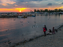 A Young Family Of Three Is Spending Time At The Beach At Sunset. Father Is Feeding Seagulls. Mother Looks At Her Phone. The Girl Is Running After The Birds. In Background Any Little Boats At Anchorage