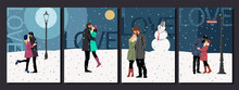 Winter Romantic Illustrations Couples In Love, Kissing People 