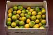 Fruit box, unripe organic clementines, green as limes
