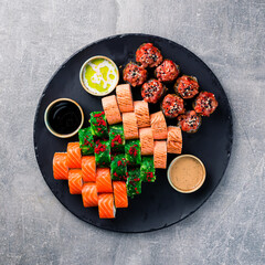 Wall Mural - Different kinds of sushi roll. Japanese food set of different sushi rolls on a plate