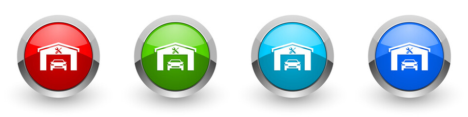 Poster - Car repair, auto service silver metallic glossy icons, set of modern design buttons for web, internet and mobile applications in four colors options isolated on white background