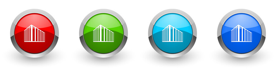 Fototapete - Modern design office building silver metallic glossy icons, set of modern design buttons for web, internet and mobile applications in four colors options isolated on white background