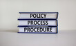 Policy, process, procedure symbol. Books with words 'Policy, process, procedure' on beautiful white table, white background. Business and policy, process, procedure concept, copy space.