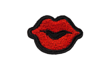 emobroidered red lips patch isolated on white background