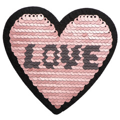 golden sequin heart patch with love lettering isolated on white background