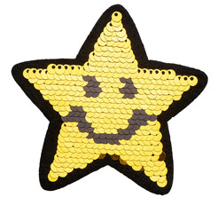 golden sequin star with smile patch isolated on white background