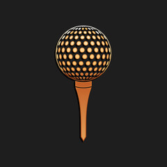 Wall Mural - Gold Golf ball on tee icon isolated on black background. Long shadow style. Vector.