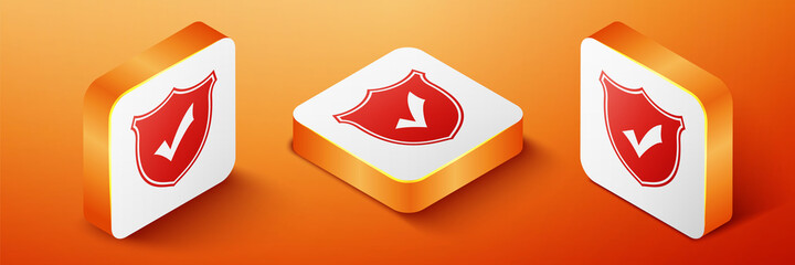 Wall Mural - Isometric Shield with check mark icon isolated on orange background. Orange square button. Vector.