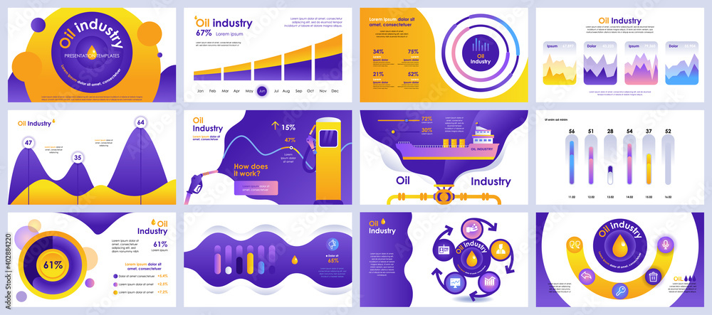 Oil industry presentation slides templates from infographic elements and vector illustration. Can be used for presentation oil industry company, brochure, marketing, annual report, banner, booklet. - obrazy, fototapety, plakaty 