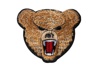 Roaring grizzly bear embroidered patch isolated on white background