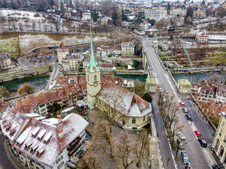 Nydeggkirche 2, Schnee, Bern, Schweiz, Luftaufnahme	