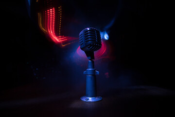 Wall Mural - Microphone for sound, music, karaoke in audio studio or stage. Mic technology. Voice, concert entertainment background. Speech broadcast equipment. Live pop, rock musical performance