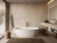 3d Rendering Of A Mykonos Minimal Concrete Bathroom With A Bathtub And The Aegean Luxurious Style