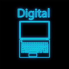 Wall Mural - Bright luminous blue digital neon sign for a store or workshop service center beautiful shiny with a modern compact laptop computer laptop on a black background. illustration