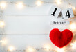 Valentines Day background with red soft heart, garland and wooden block calendar february 14