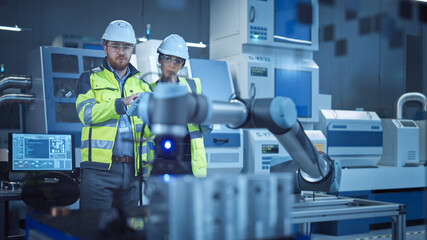 Poster - Factory Workshop: Professional Female Engineer, Male Machinery Operator Use Industrial Digital Tablet Computer to Work and Program Robot Arm for Production Line. High-Tech Facility with CNC Machines