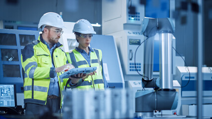 Aufkleber - Factory Workshop: Professional Female Engineer, Male Machinery Operator Use Industrial Digital Tablet Computer to Work and Program Robot Arm for Production Line. High-Tech Facility with CNC Machines