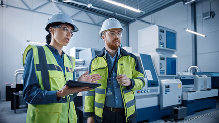 Aufkleber - Modern Factory: Female Project Manager and Male Engineer Standing Wearing Safety Jackets, Hard Hats, Work in Workshop, Talking, Using Digital Tablet and Monitoring CNC Machinery Assembly Line
