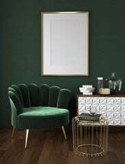 Wall Mural - Framed poster mockup, velvet armchair with cabinet and golden side table, vintage, art deco style interior scene