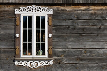 Wooden Window Background. Rustic Cottage House Wall. Vintage Cabin White Paint Shutters. Countryside Architecture Texture.