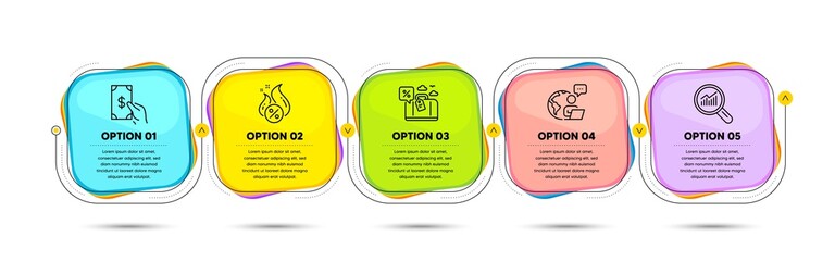 Wall Mural - Data analysis, Hot loan and Receive money line icons set. Timeline process flowchart. Travel loan sign. Magnifying glass, Discount offer, Cash payment. Trip discount. Finance set. Vector
