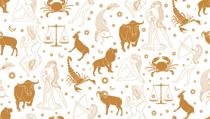 Wall Mural - seamless pattern - signs of the zodiac. gold illustration of astrological signs on a white backgroun