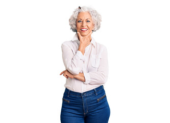 Wall Mural - Senior grey-haired woman wearing casual clothes looking confident at the camera smiling with crossed arms and hand raised on chin. thinking positive.