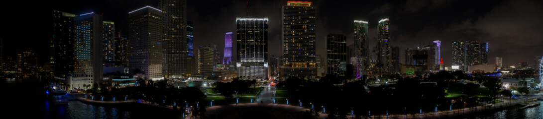 Fototapete - Night aerial panorama Downtown Miami city lights