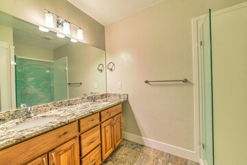 Wall Mural - Double sink bathroom vanity with marble countertop cabinets and huge mirror