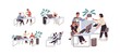 © Good Studio - Set of office clerks communicating, having break, working with computer and documents at workplaces. Collection of colleagues chatting. Everyday routine. Flat vector illustration isolated on white