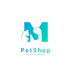 Wall Mural - Initial letter M. Pet logo design template. Modern animal icon for store, veterinary clinic, business service. Logo with cat and dog concept.