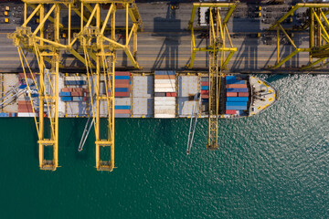 Container ship terminal, and quay crane of container ship at industrial port with shipping container vessel, Maritime cargo freight ship import export business service logistic international transport