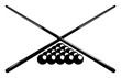 © RNko - Crossed billiard cues and pool ball set. Symbol, emblem of billiard competition. Sports equipment. Vector