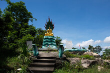 Mythical Serpent Naga Prok Attitude Buddha Statue On Mountain For Thai People And Traveler Travel Visit Respect Praying At Wat Doi Thep Sombun Temple On September 14, 2020 In Nong Bua Lamphu, Thailand