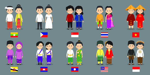 Wall Mural - Set Asean Characters with Traditional Dress
