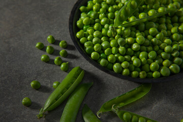 Fresh Green Raw peas in a pan 	 